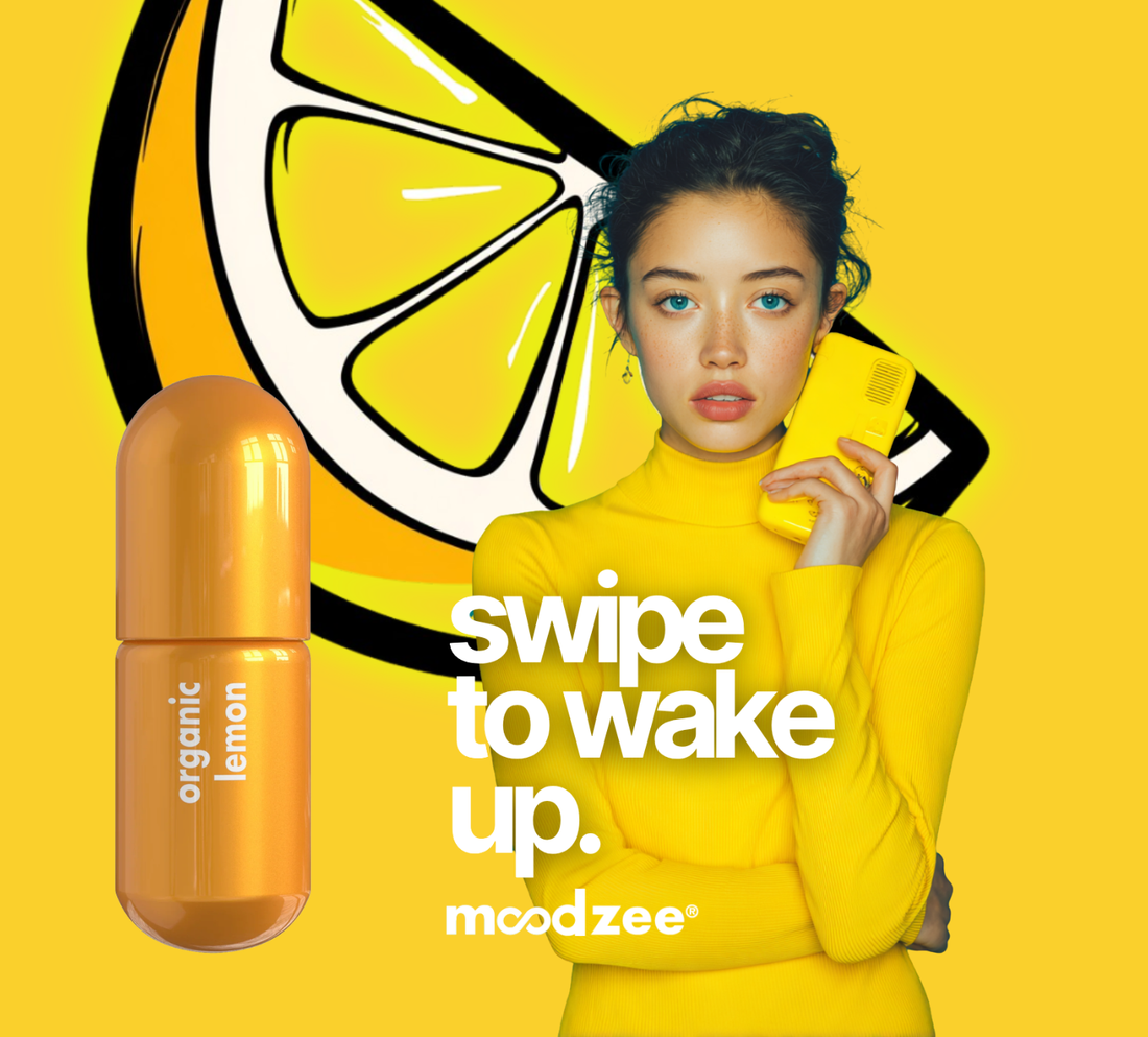 Organic Lemon Moodzee roller ball essential oil aromatherapy wake-up roll-on — swipe to wake up