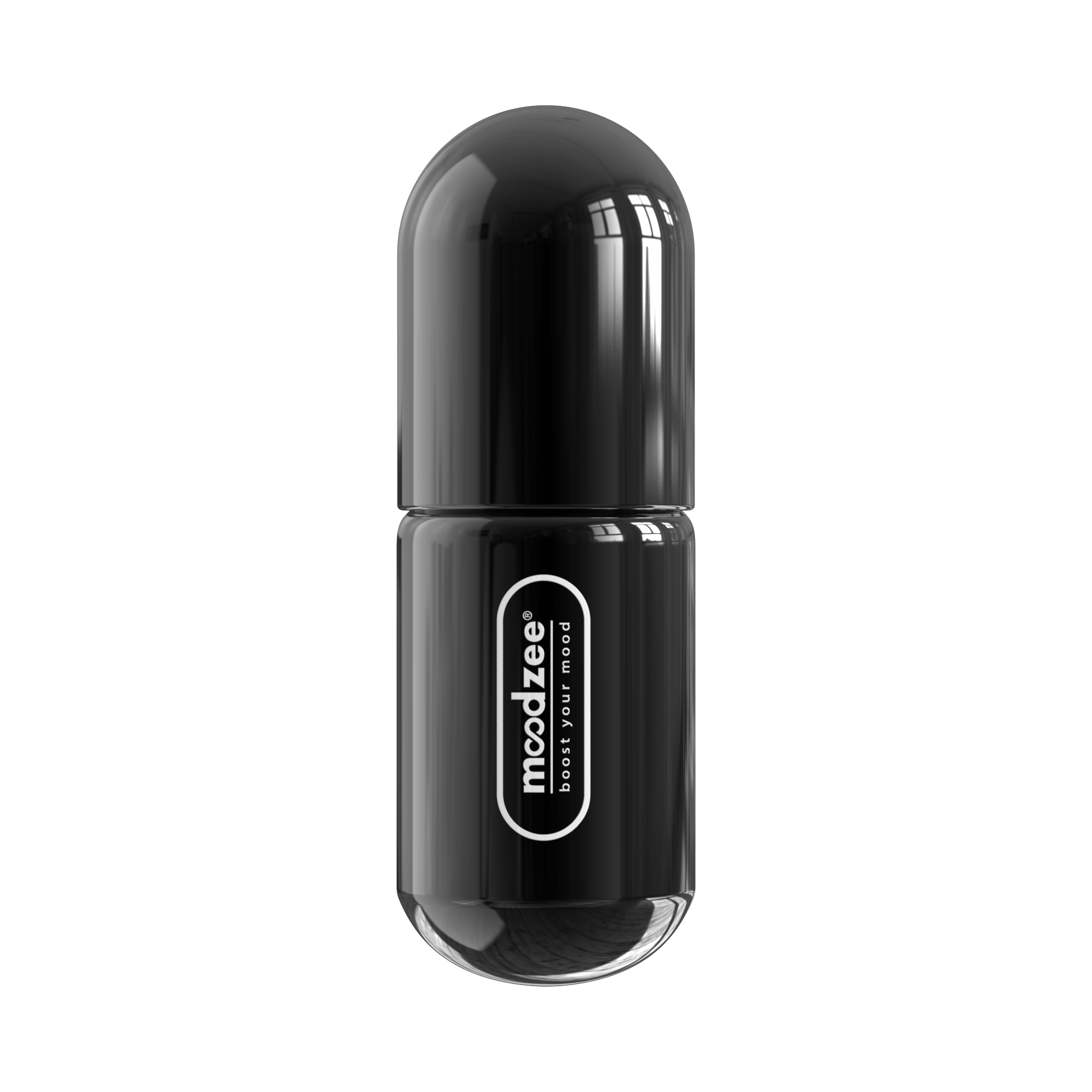 Drive Moodzee roller ball, logo side view, black pill bottle