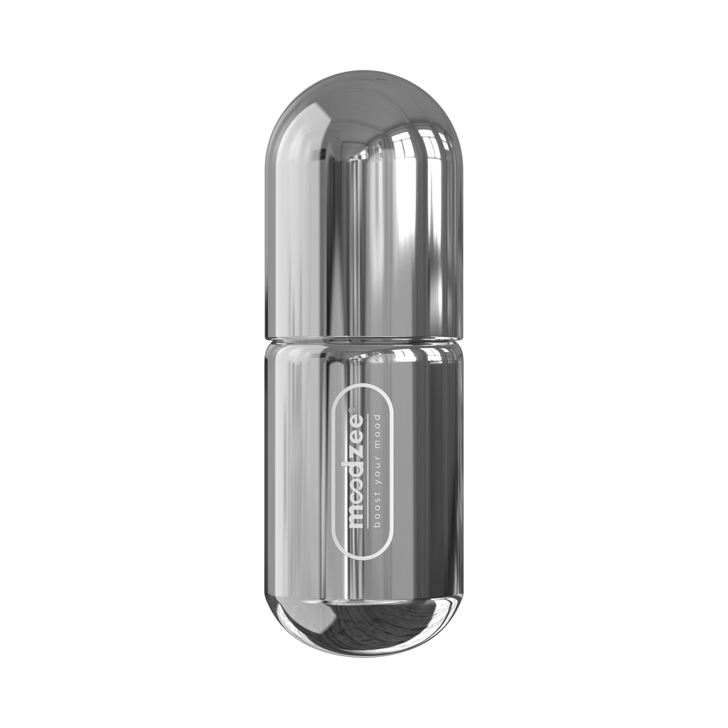 Focus Moodzee roller ball, logo side view, silver pill bottle
