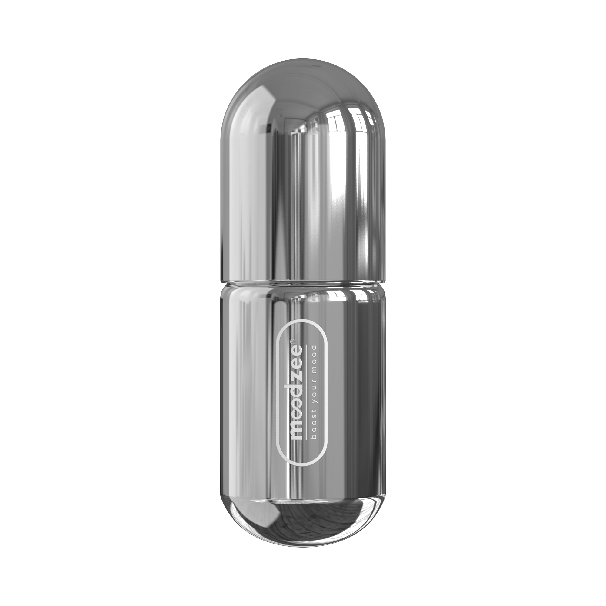 Focus Moodzee roller ball, logo side view, silver pill bottle