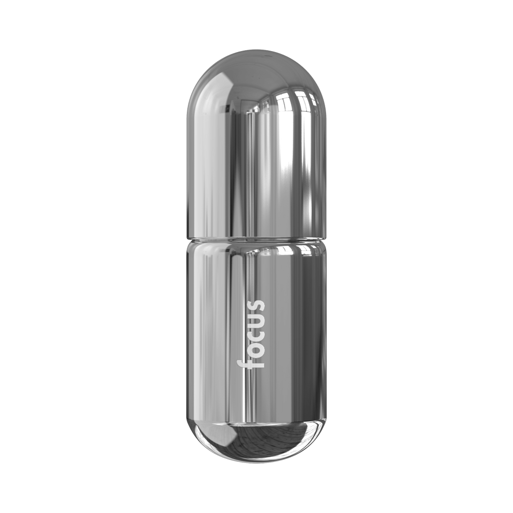 Focus Moodzee organic essential oil roller ball for a distraction detox, silver pill bottle