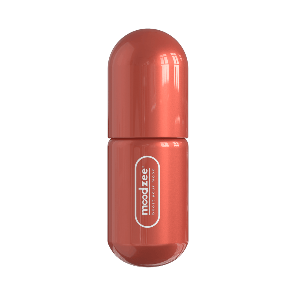Geranium Moodzee roller ball, logo side view, red-coral pill bottle
