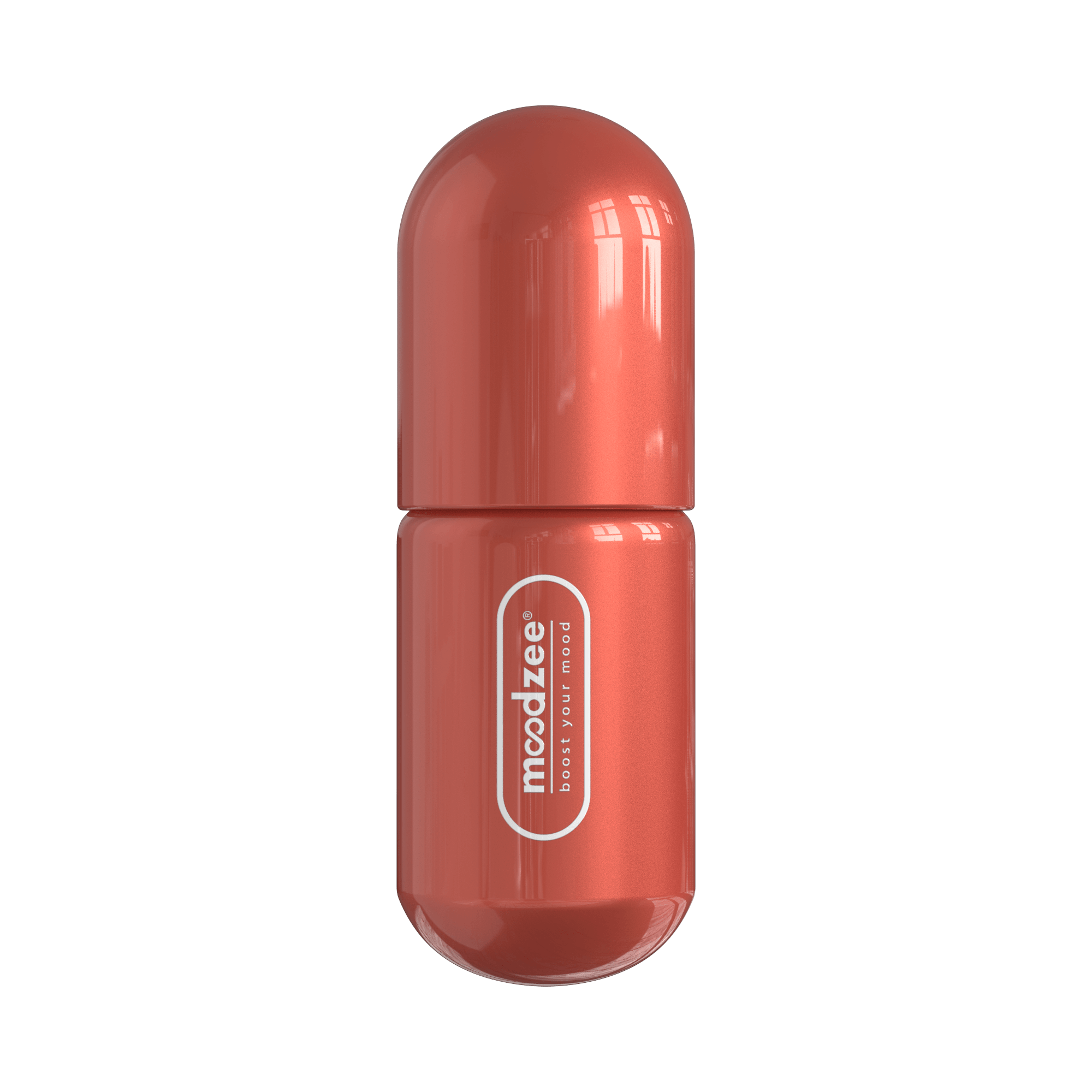 Geranium Moodzee roller ball, logo side view, red-coral pill bottle