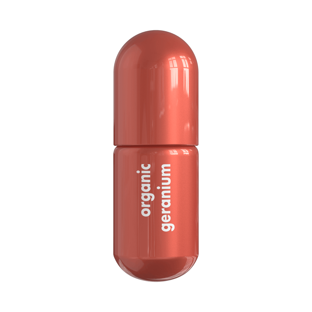 Geranium Moodzee organic essential oil roller ball for emotional balance, red-coral pill bottle