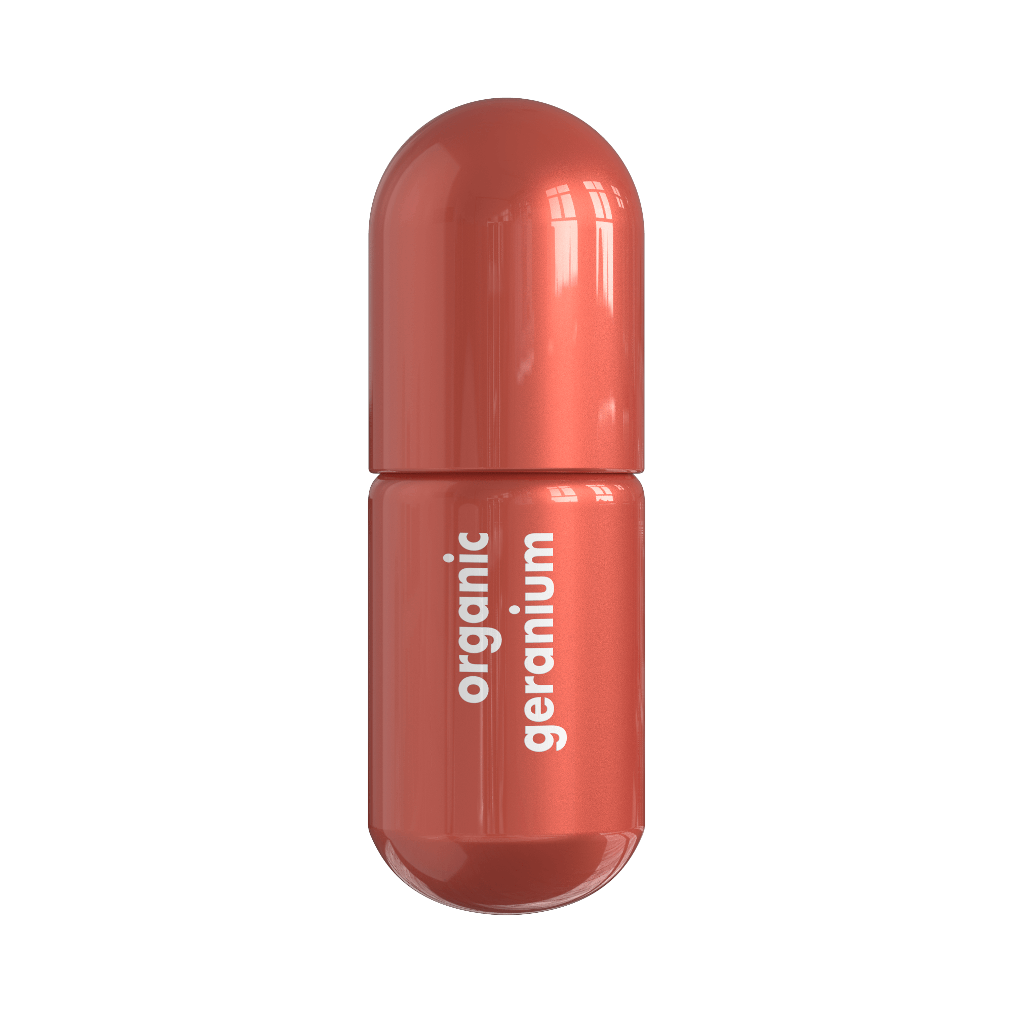 Geranium Moodzee organic essential oil roller ball for emotional balance, red-coral pill bottle