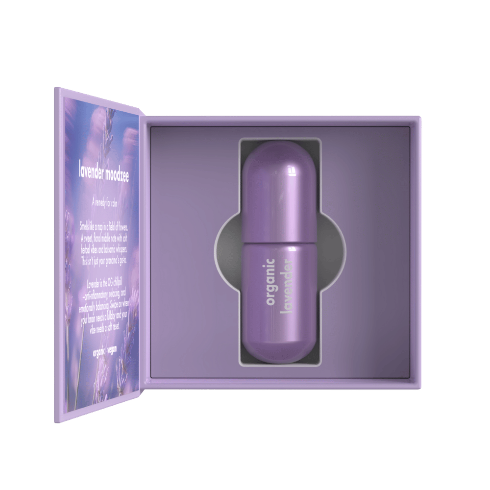 Lavender Moodzee packaging box, open, showing roller ball