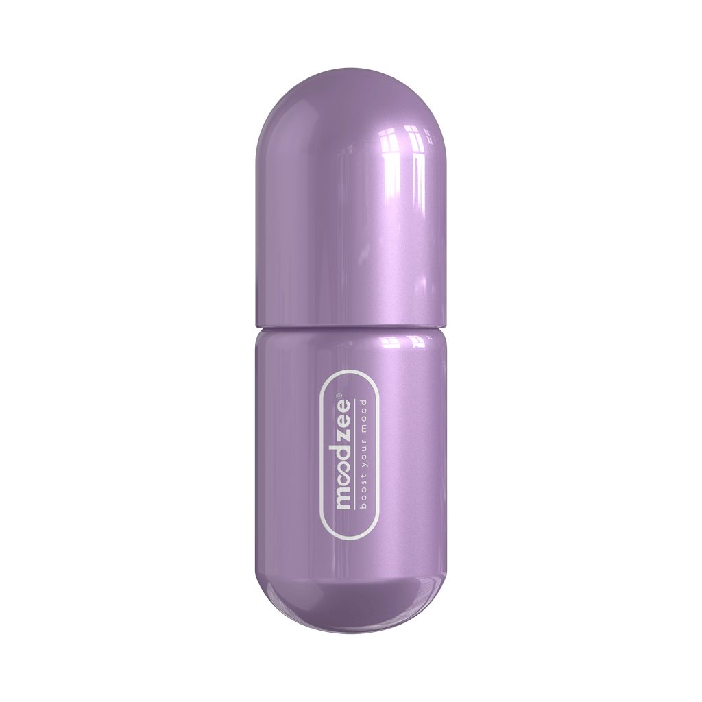 Lavender Moodzee roller ball, logo side view, purple pill bottle