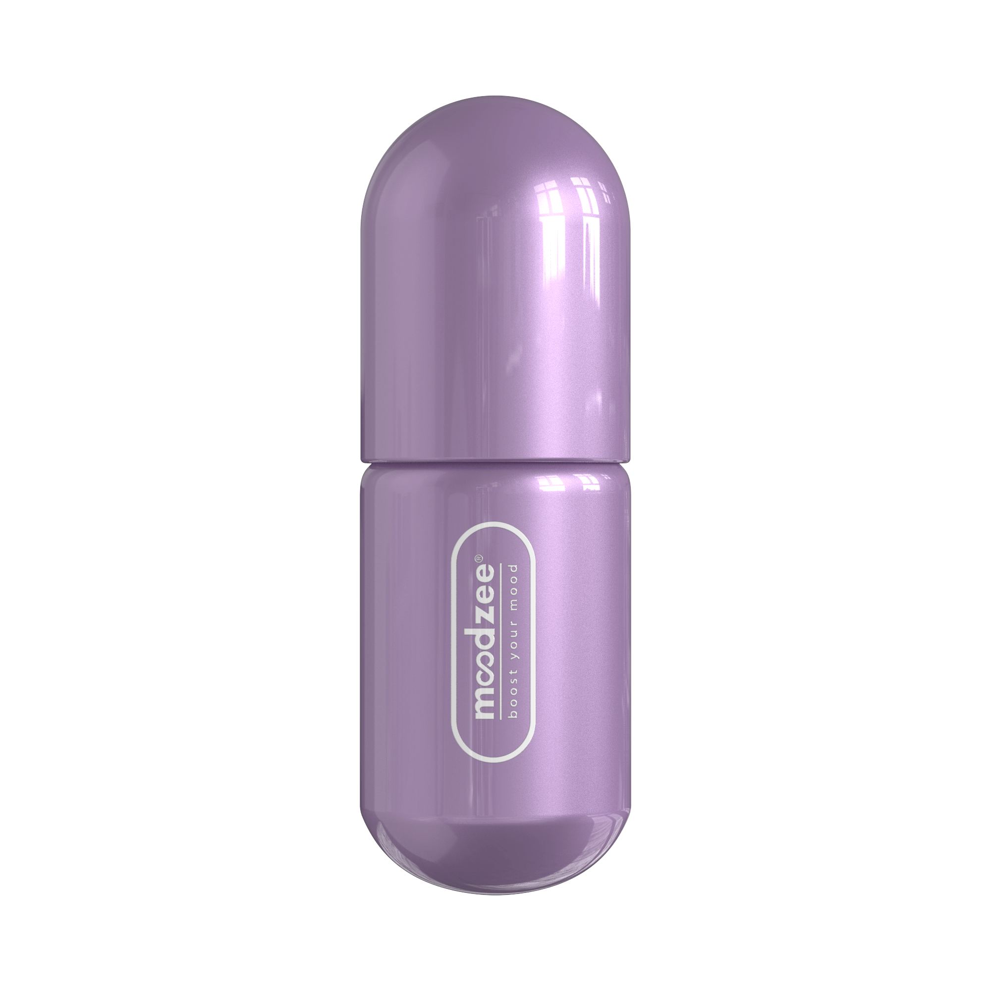 Lavender Moodzee roller ball, logo side view, purple pill bottle