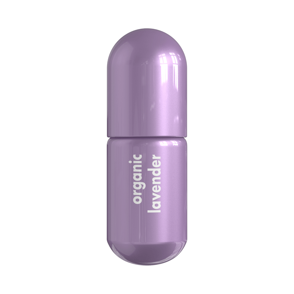 Lavender Moodzee organic essential oil roller ball for calm and ease, purple pill bottle
