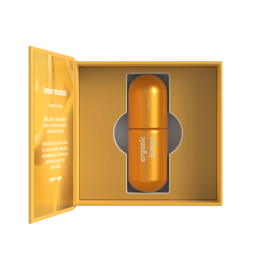 Lemon Moodzee packaging box, open, showing roller ball