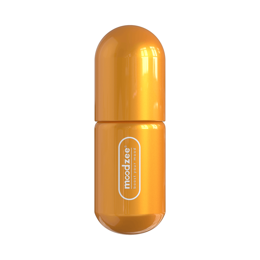 Lemon Moodzee roller ball, logo side view, yellow pill bottle