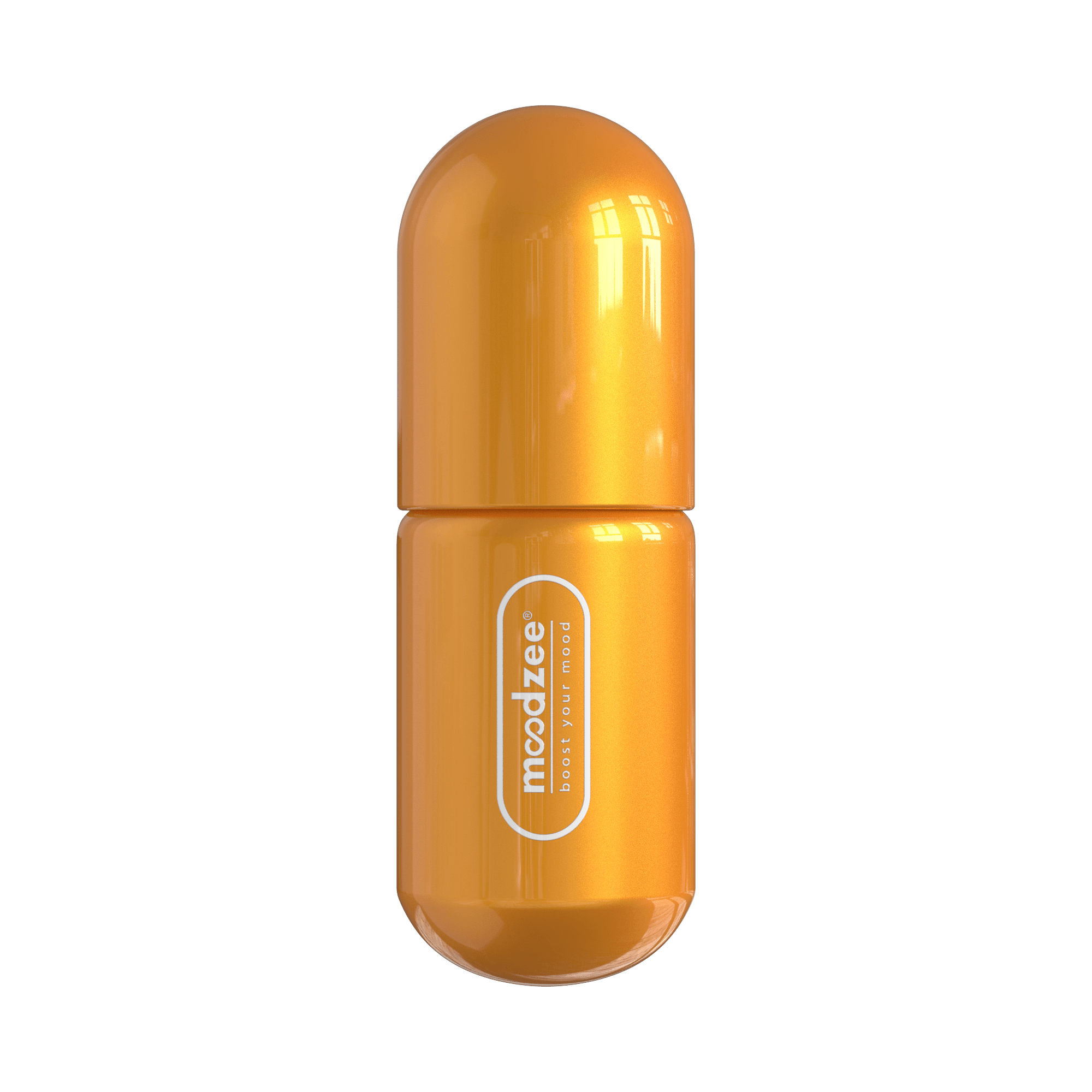 Lemon Moodzee roller ball, logo side view, yellow pill bottle