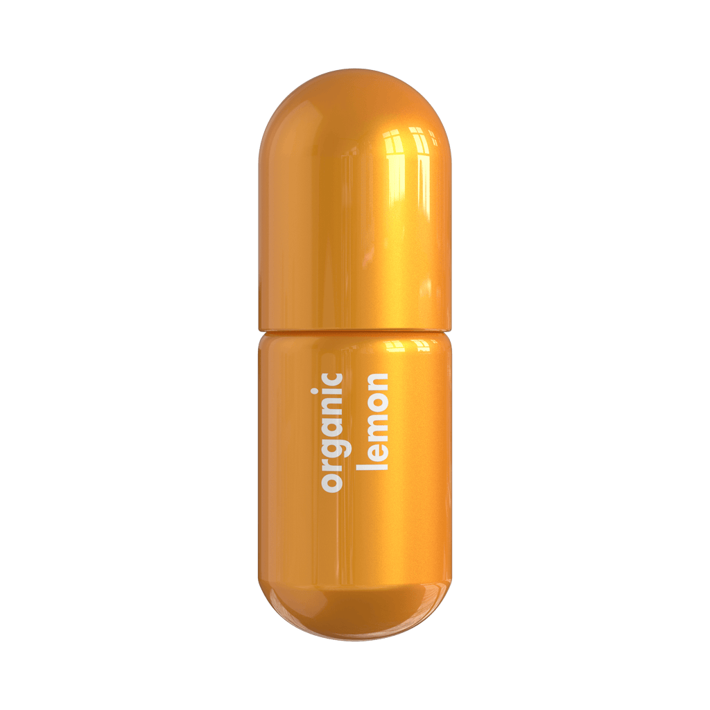 Lemon Moodzee organic essential oil roller ball for clarity, yellow pill bottle