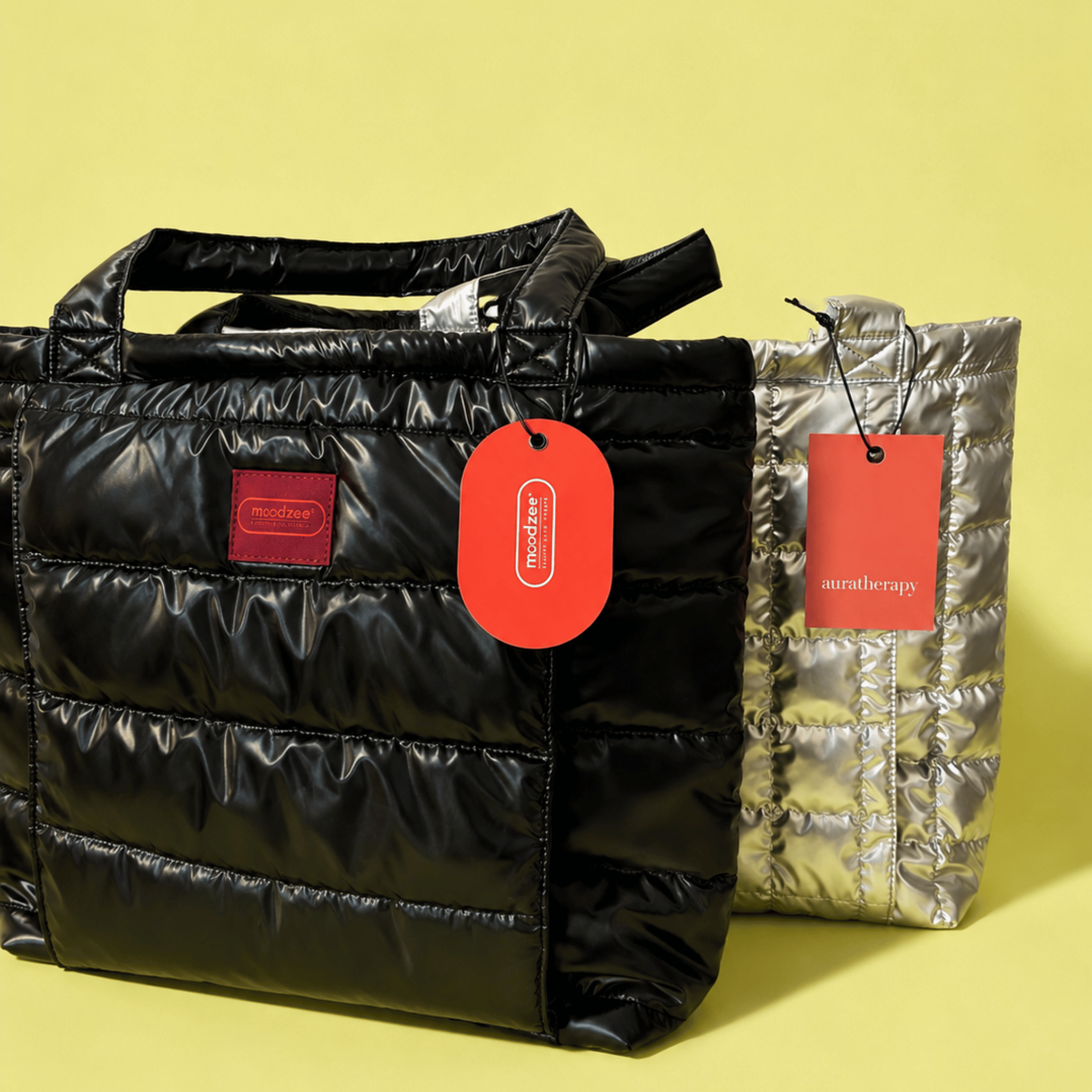 A sleek quilted bag in black with a built-in yoga mat pouch and roomy interior — padded polyester, comfortable straps, $85. Your grab-and-go essential.