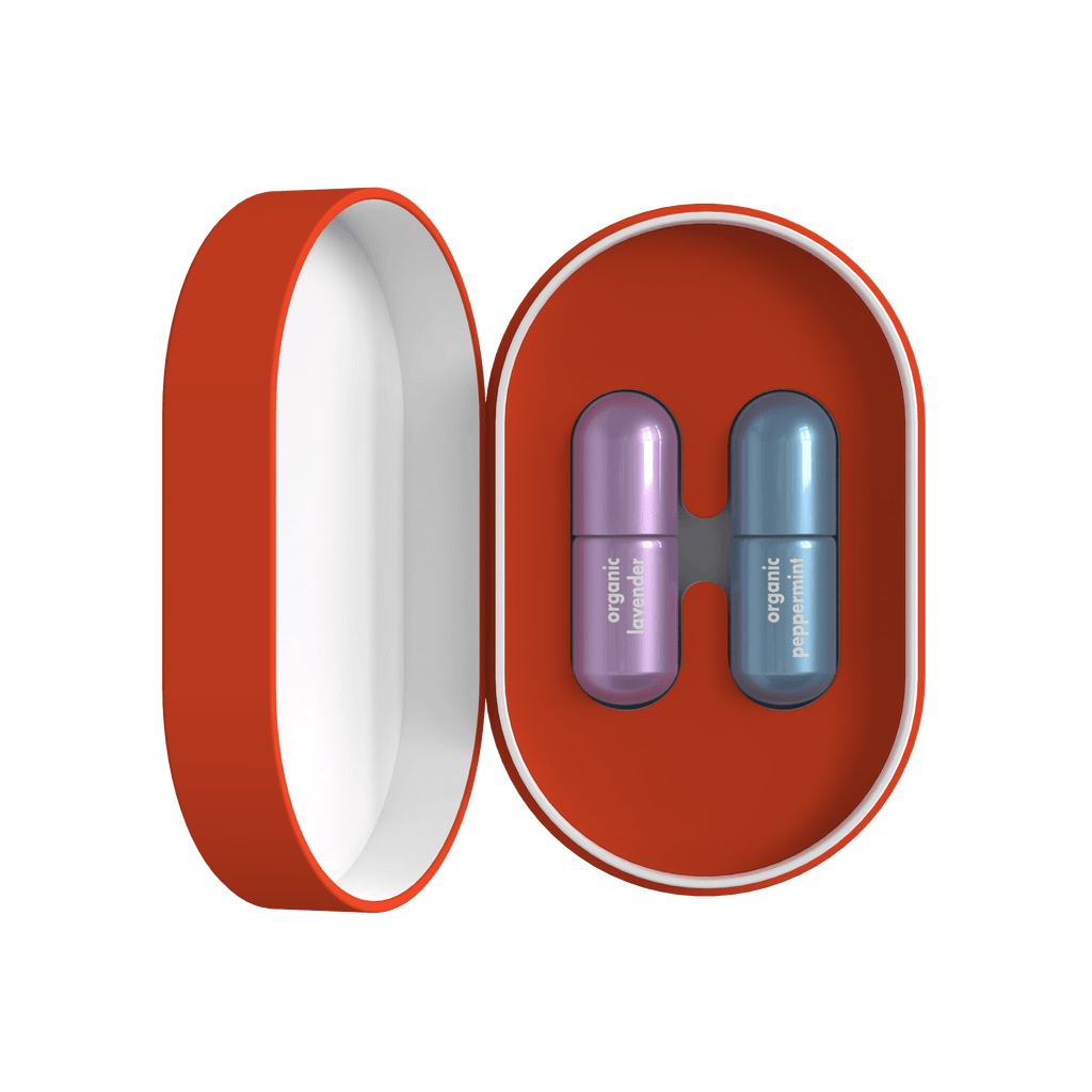 Moodzee Calming Duo gift set in red oval box with Lavender and Peppermint rollers
