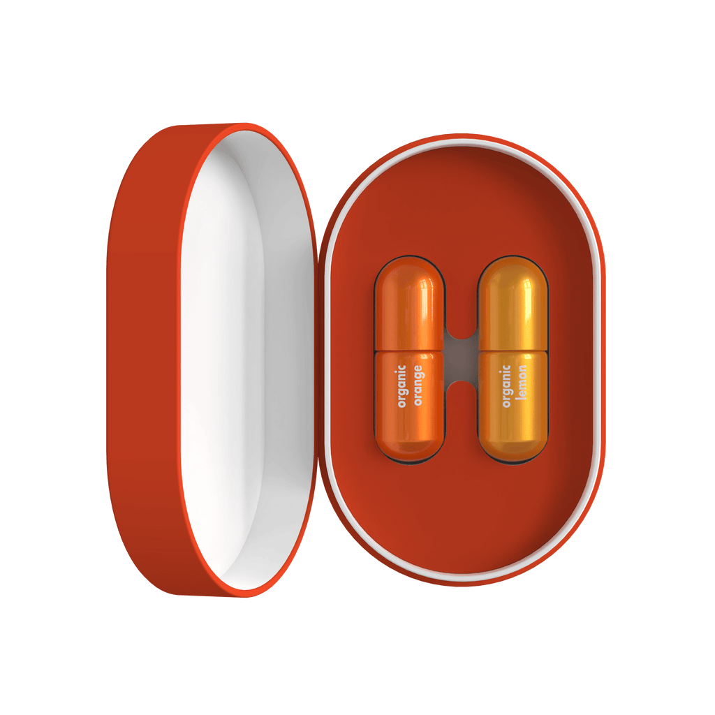 Moodzee Citrus Duo gift set in oval red box with Lemon and Orange rollers