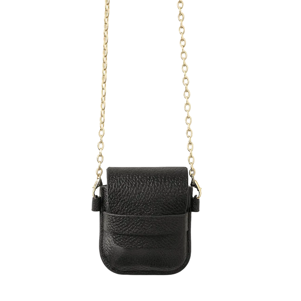 Black leather crossbody bag with a gold chain 