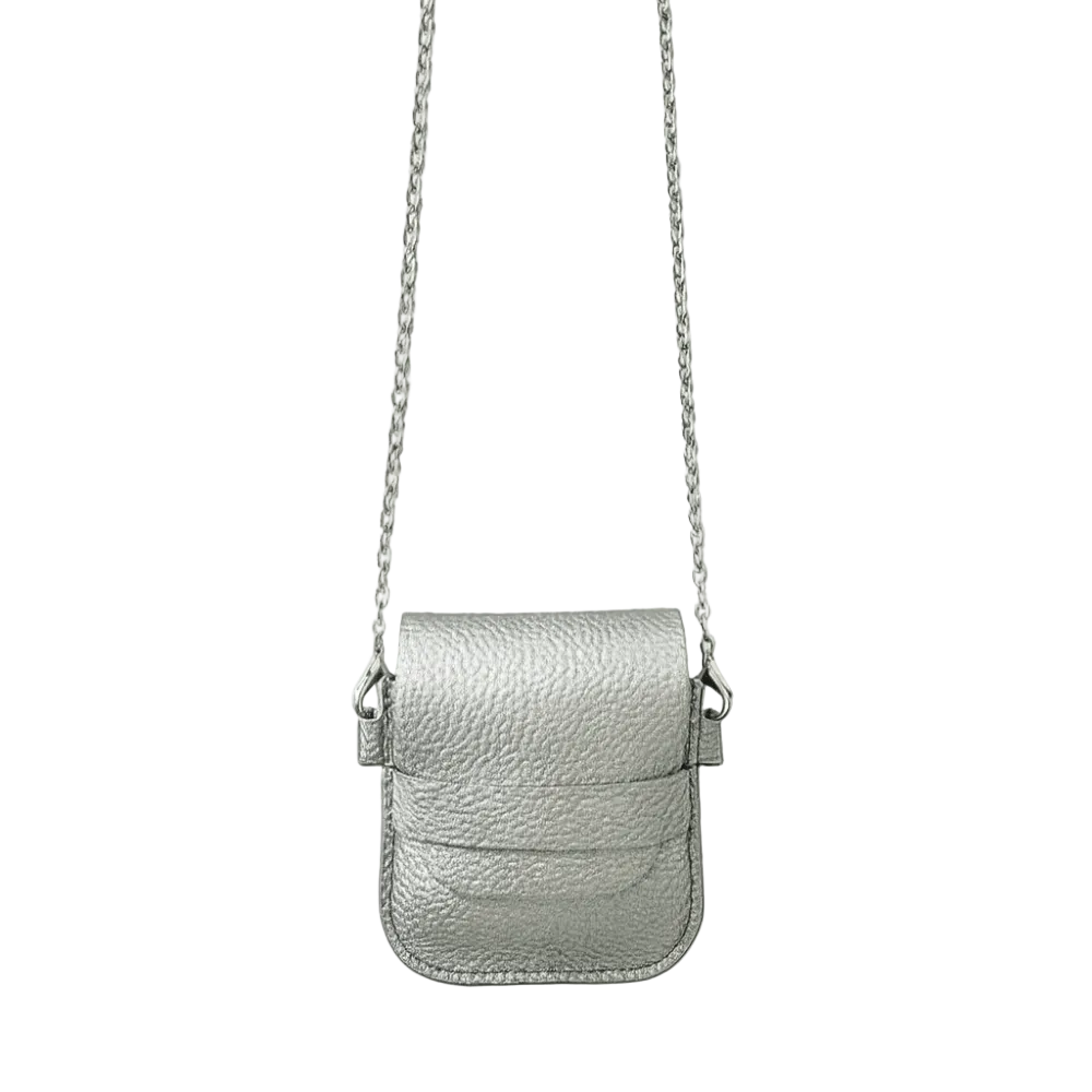 Silver leather crossbody bag with chain strap