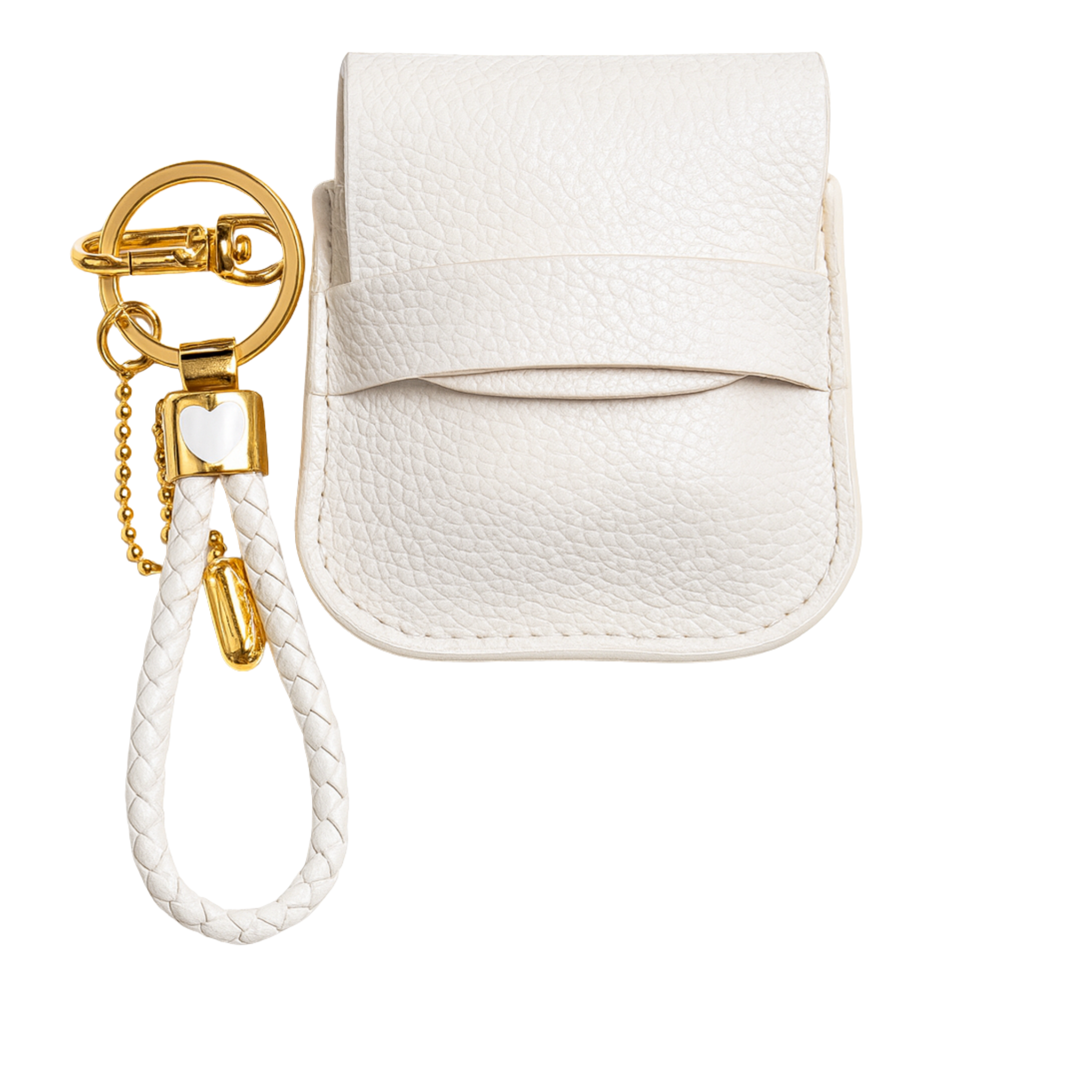Moodzee Halo White Charm Bag, pebbled white vegan leather pouch with flap closure, gold braided keychain strap with heart charm and clasp, holds 2 Moodzee rollerballs