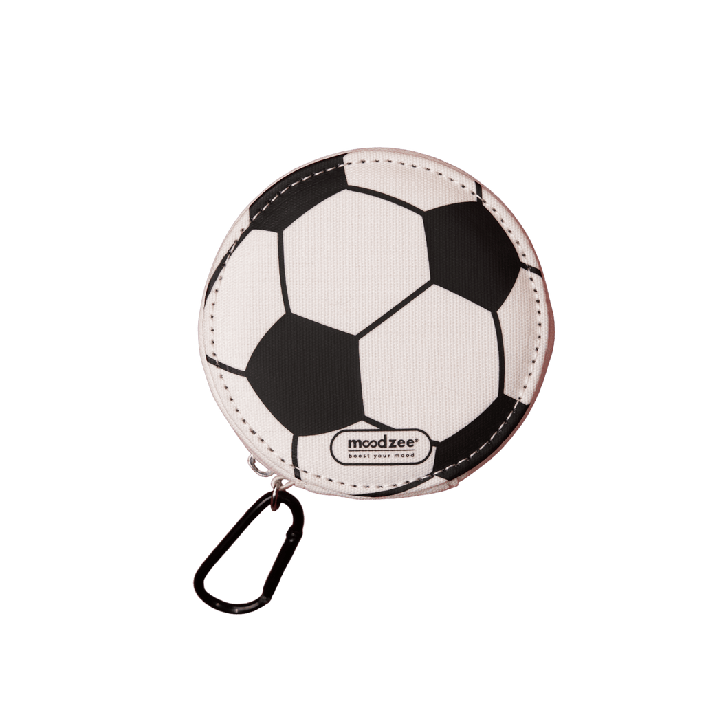 Moodzee Soccer charm bag round cotton canvas zip pouch with soccer ball print and carabiner clip