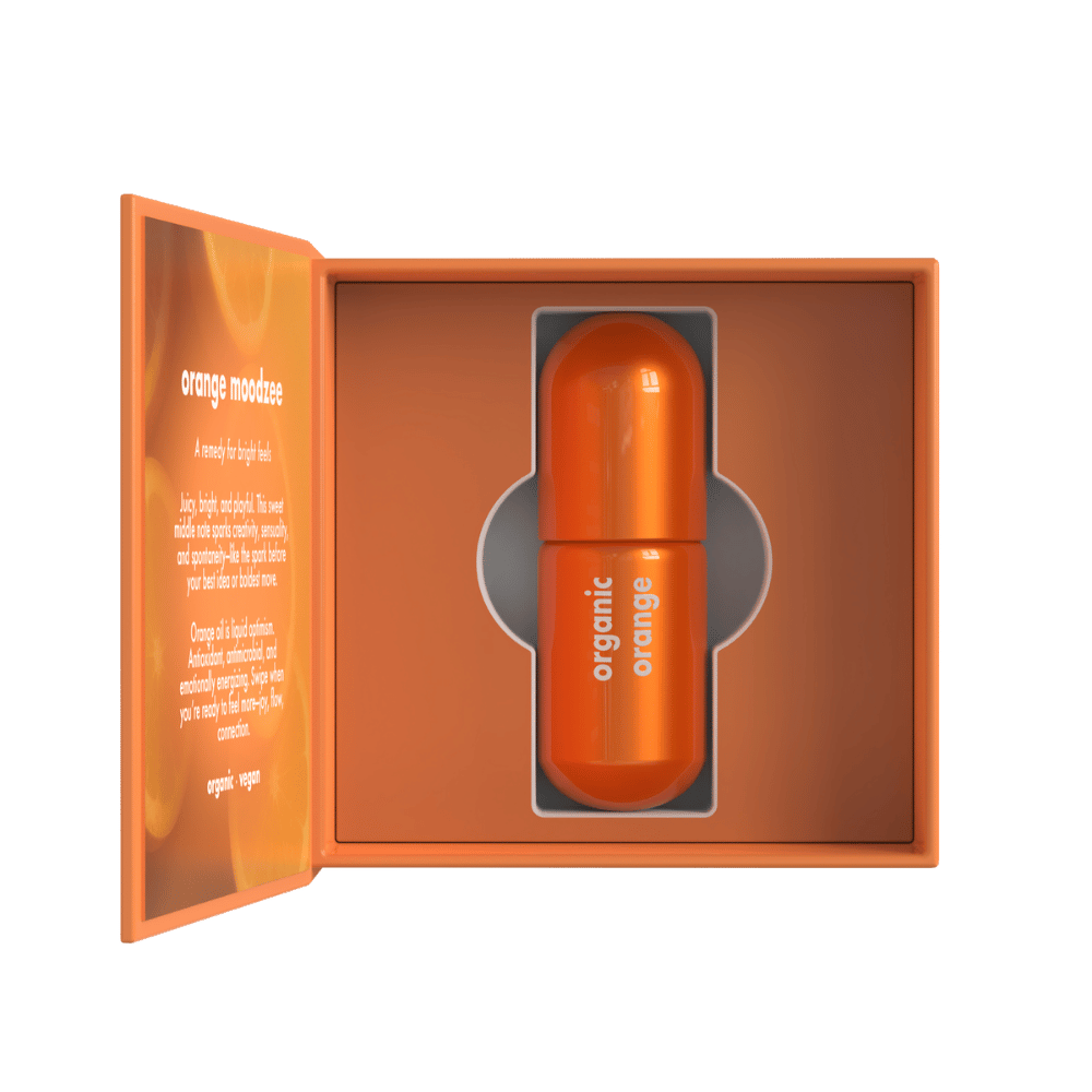 Orange Moodzee packaging box, open, showing roller ball