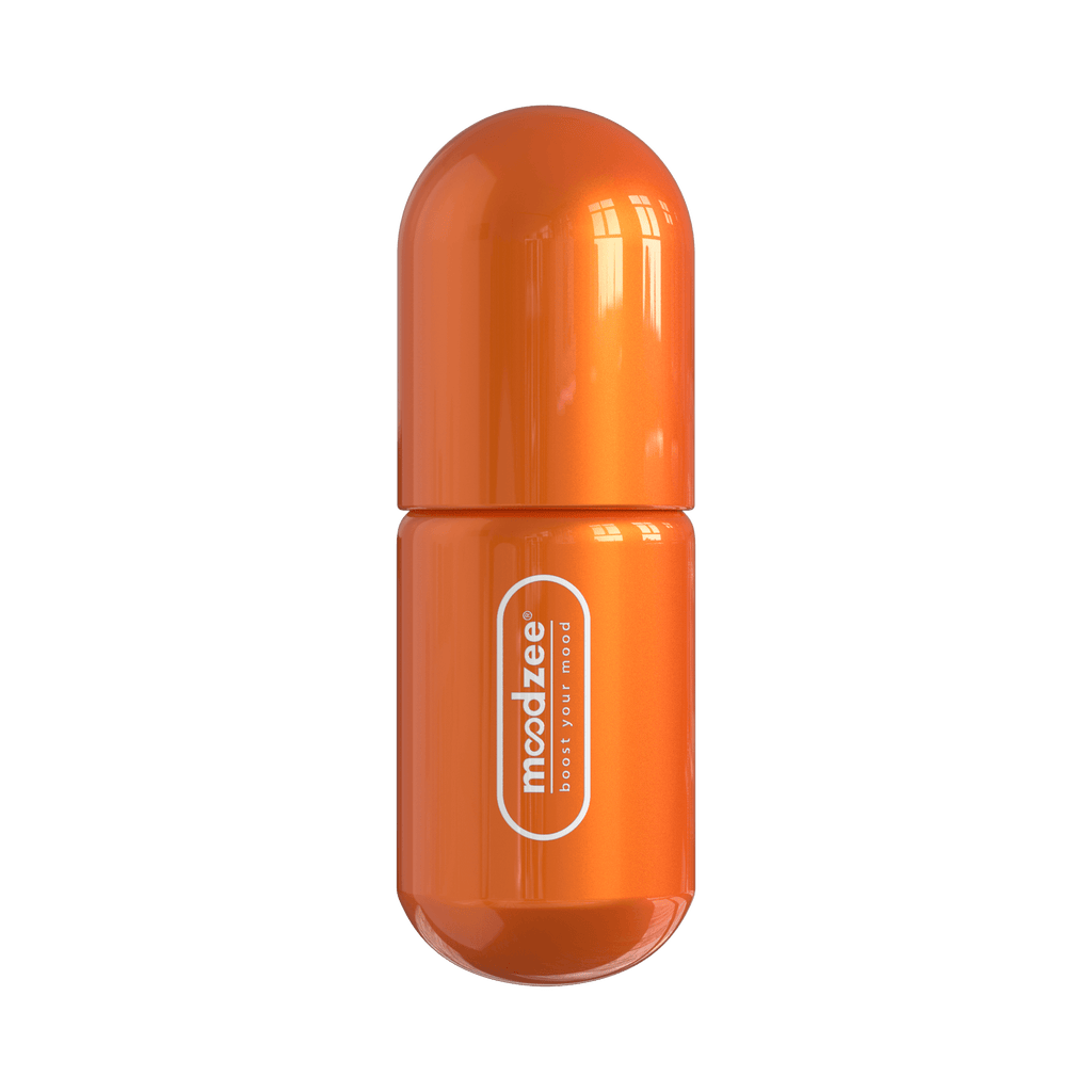 Orange Moodzee roller ball, logo side view, orange pill bottle