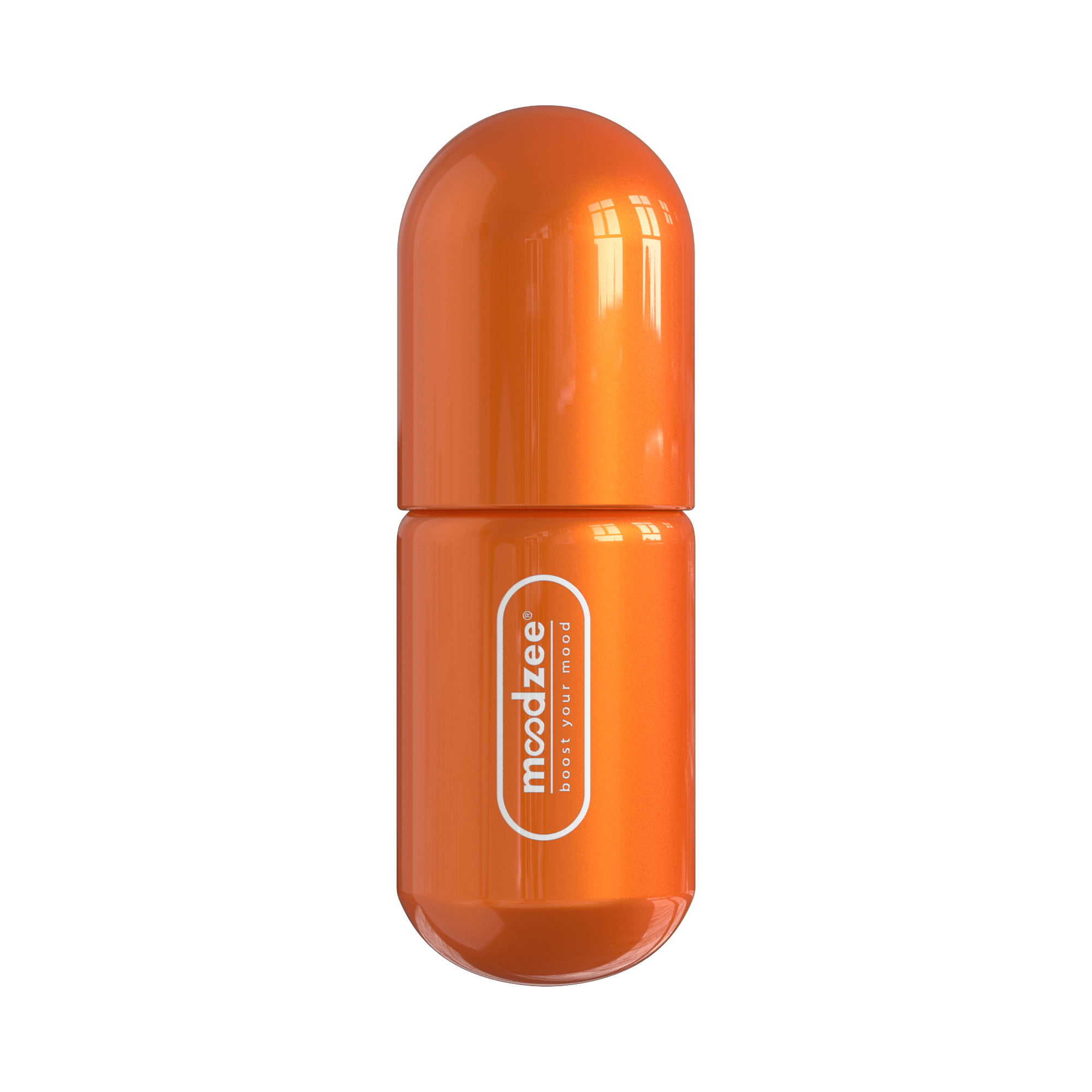 Orange Moodzee roller ball, logo side view, orange pill bottle