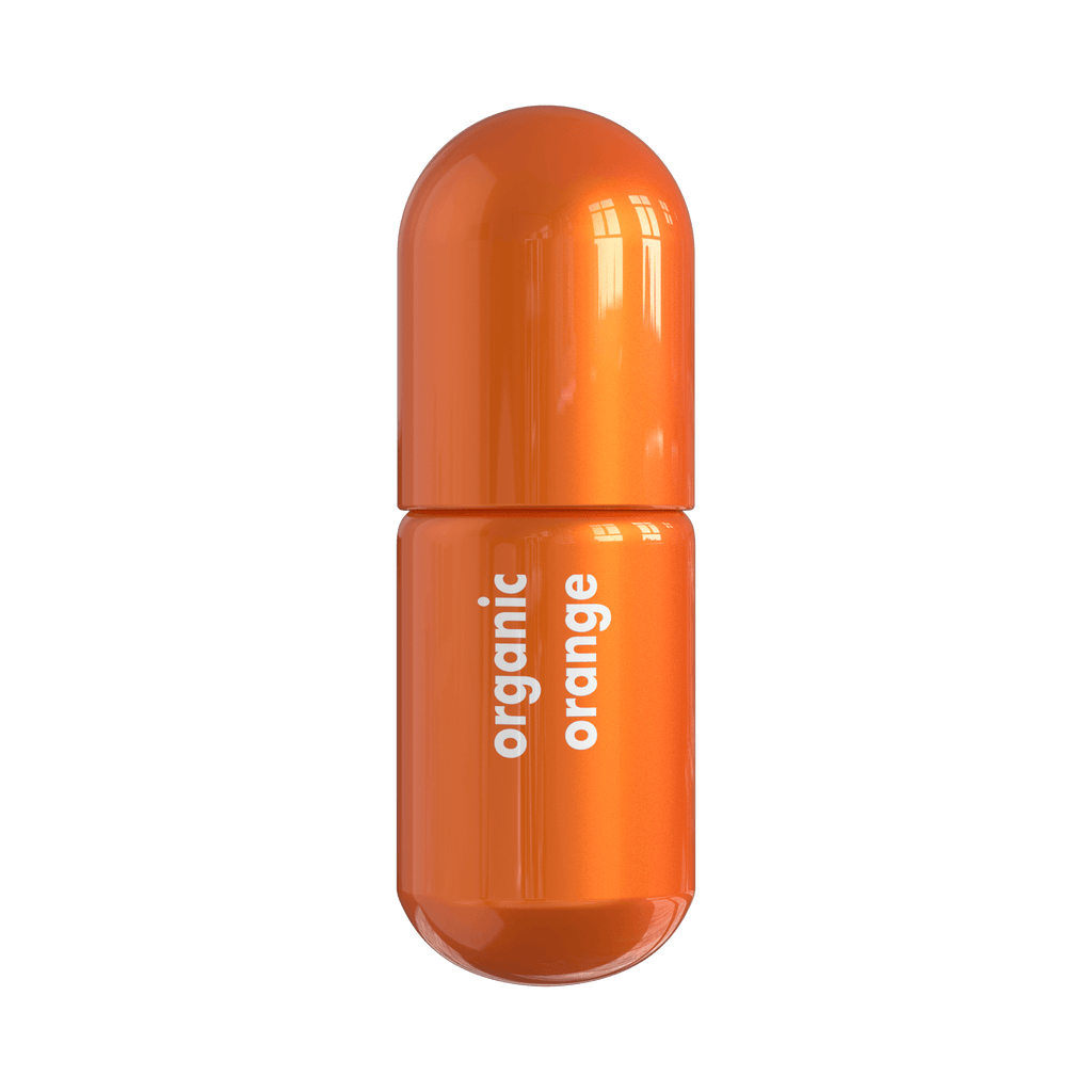 Orange Moodzee organic essential oil roller ball for bright feels, orange pill bottle