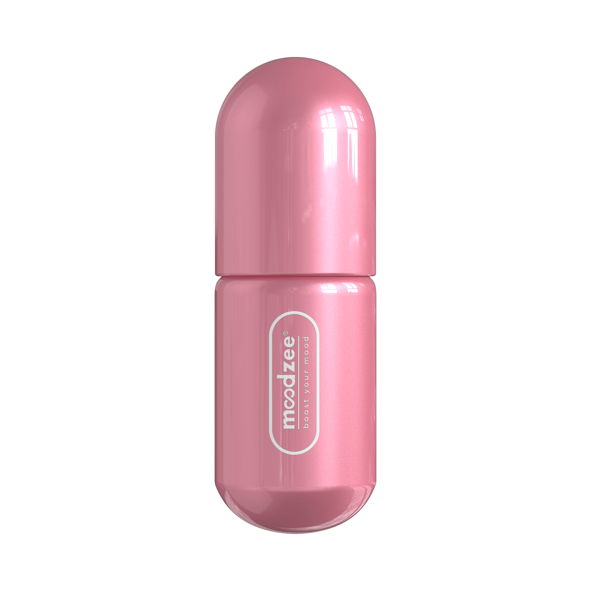 Patchouli Moodzee roller ball, logo side view, pink pill bottle
