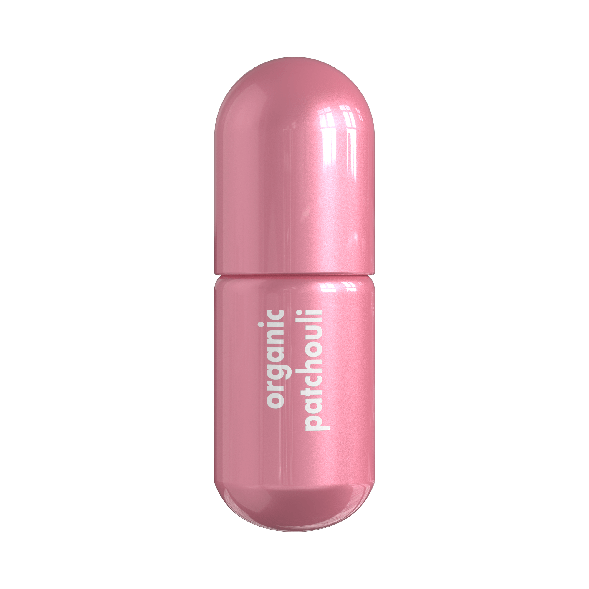 Patchouli Moodzee organic essential oil roller ball for earthy calm, pink pill bottle