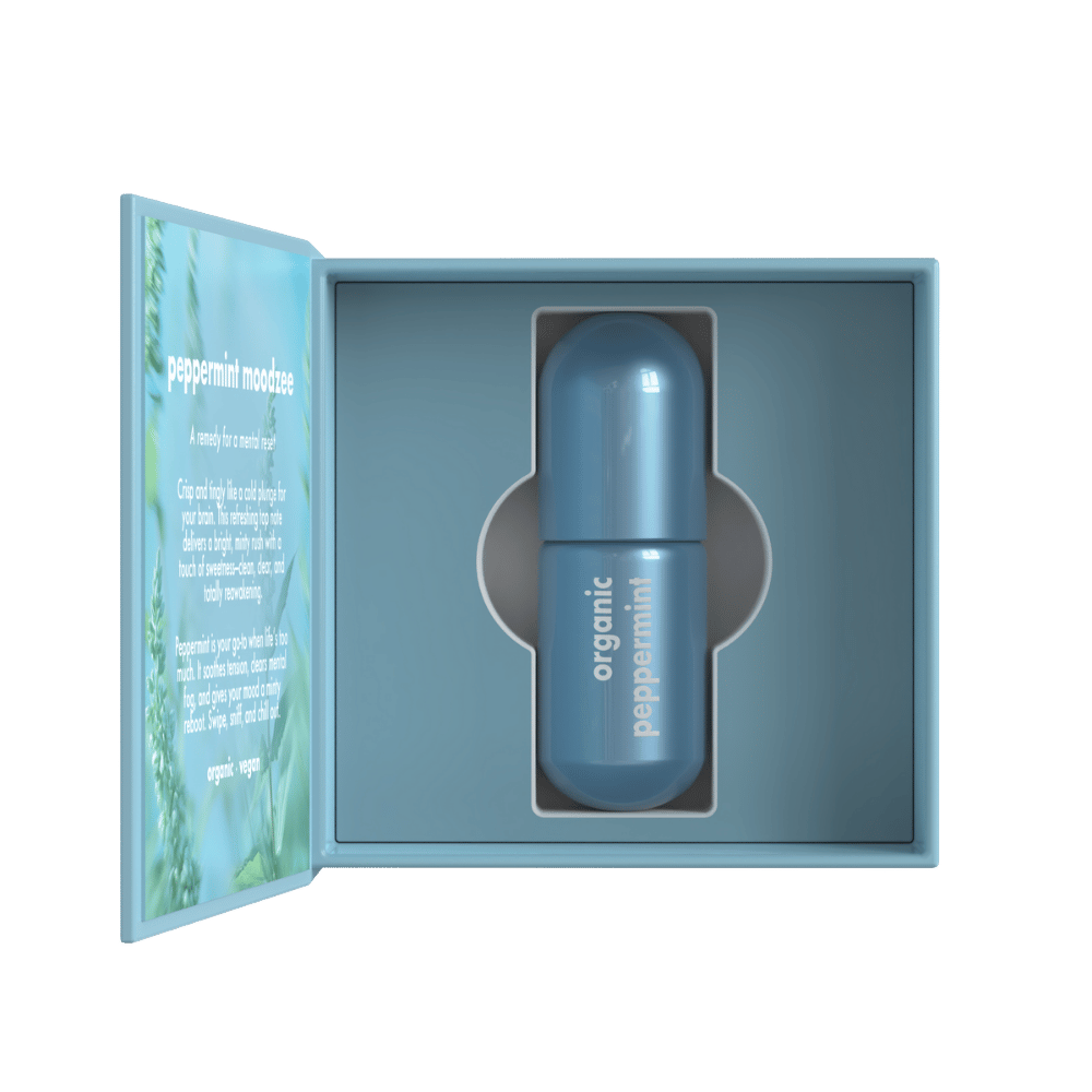 Peppermint Moodzee packaging box, open, showing roller ball