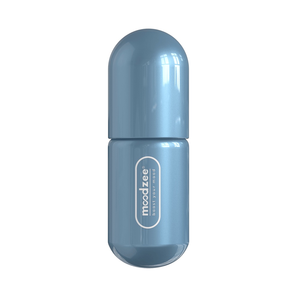 Peppermint Moodzee roller ball, logo side view, blue pill bottle