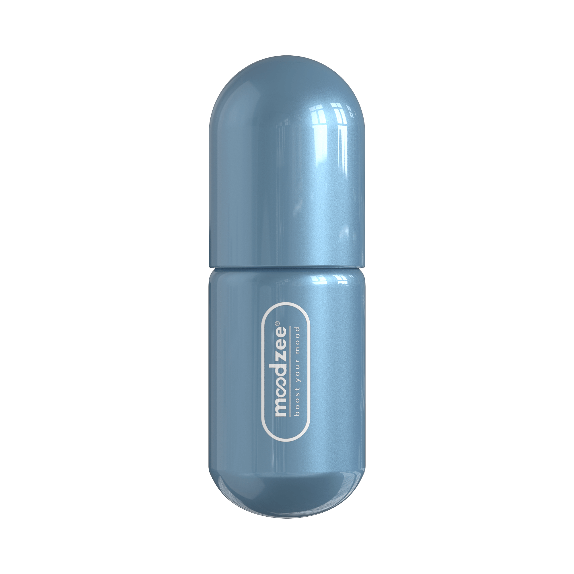 Peppermint Moodzee roller ball, logo side view, blue pill bottle