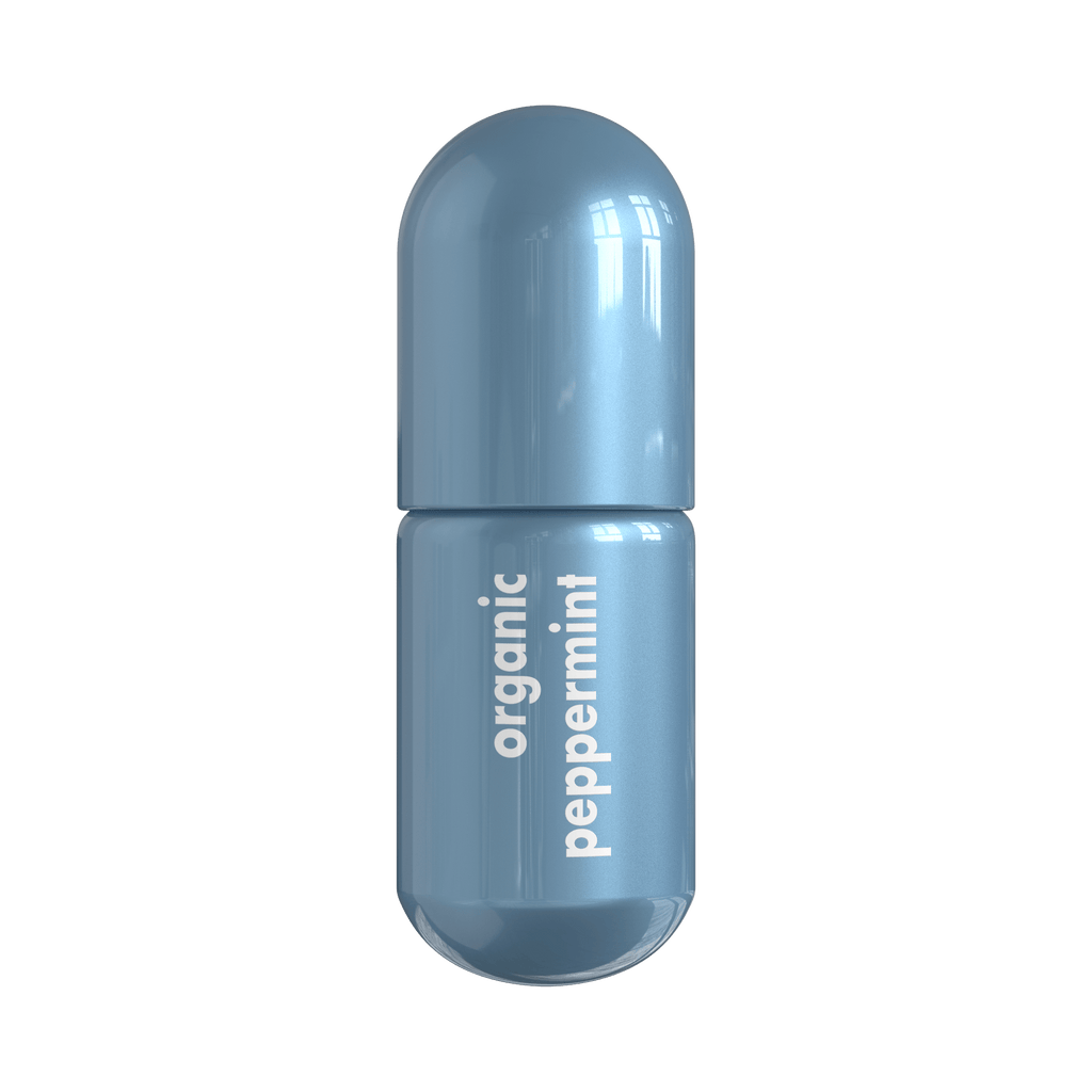 Peppermint Moodzee organic essential oil roller ball for a mental reset, blue pill bottle