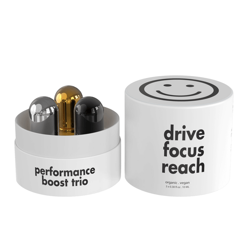 Performance Boost round paper box open, showing Drive, Focus, and Reach roller balls nested inside