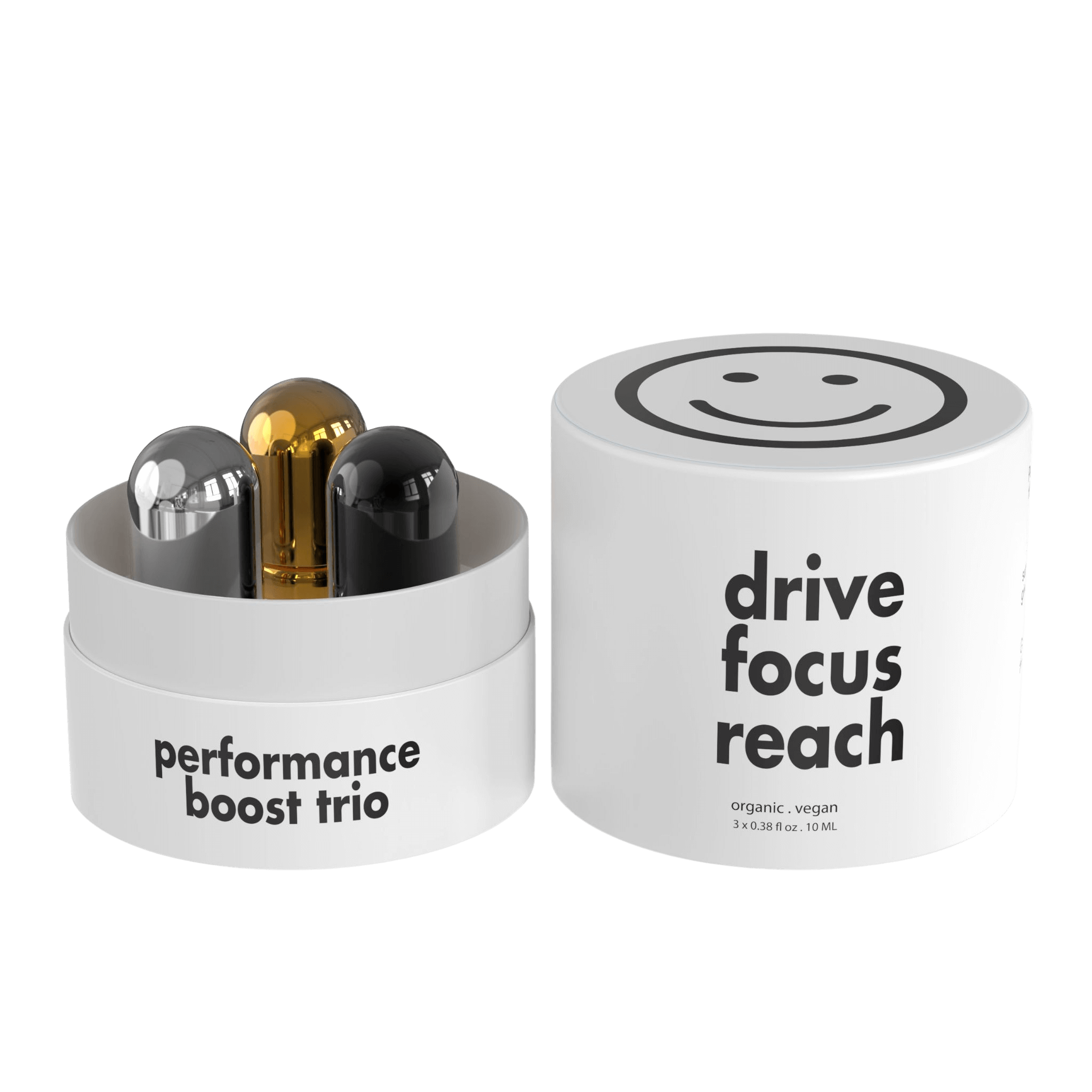 Performance Boost round paper box open, showing Drive, Focus, and Reach roller balls nested inside