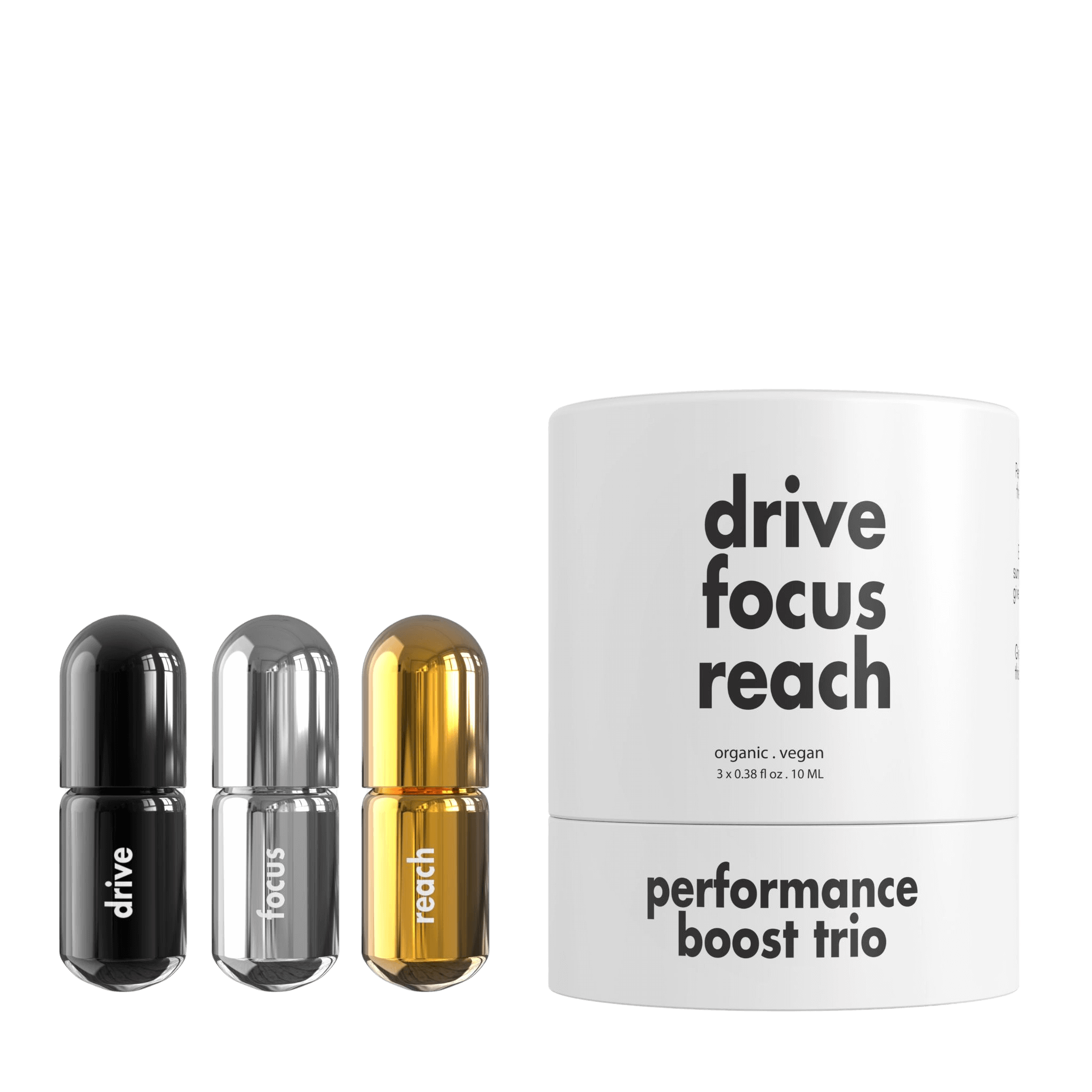Performance Boost Gift Set with Drive, Focus, and Reach roller balls beside the round paper box