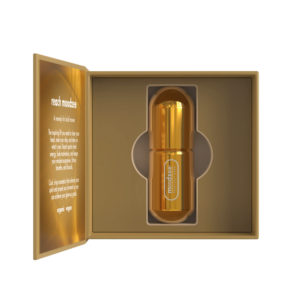 Reach Moodzee packaging box, open, showing roller ball
