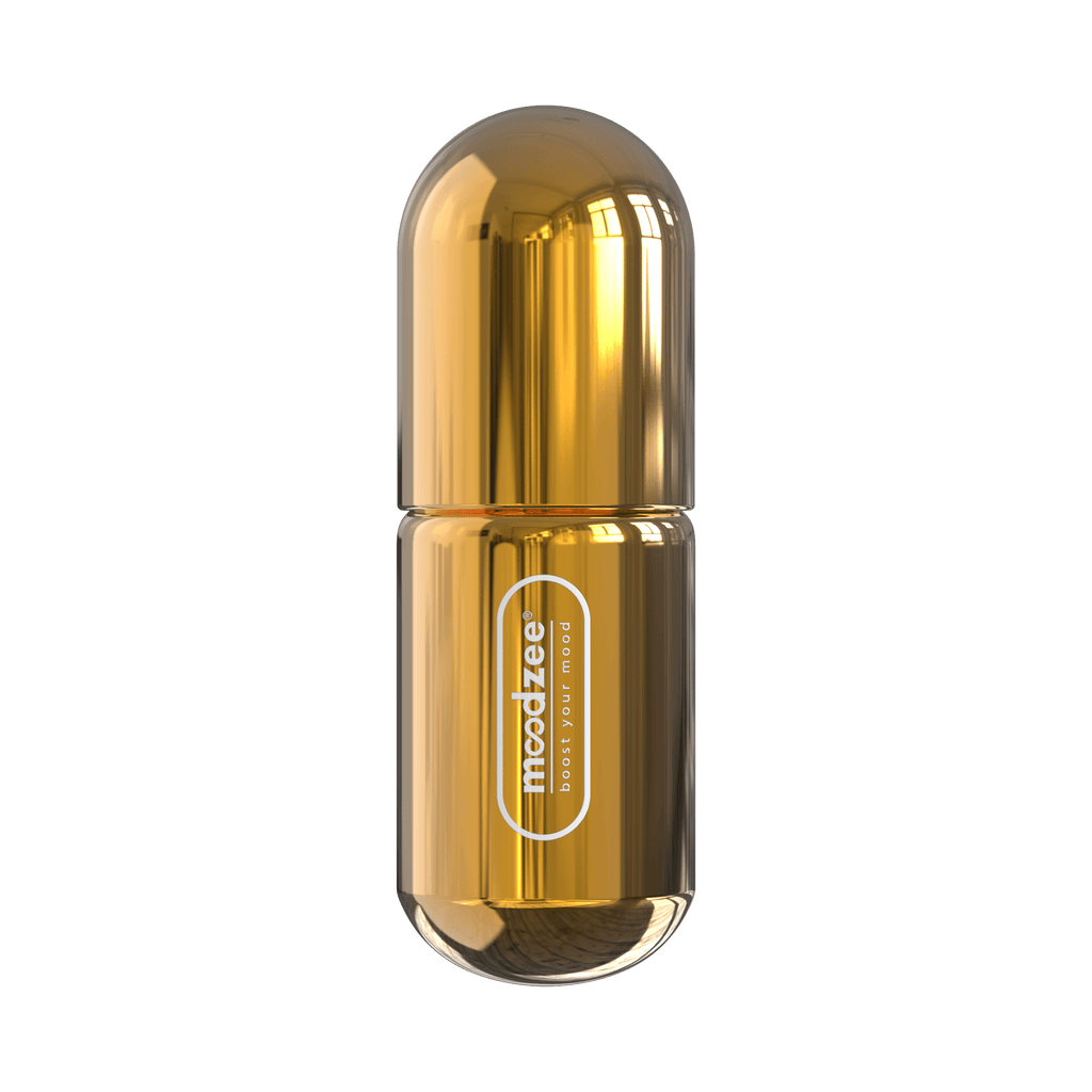 Reach Moodzee roller ball, logo side view, gold pill bottle