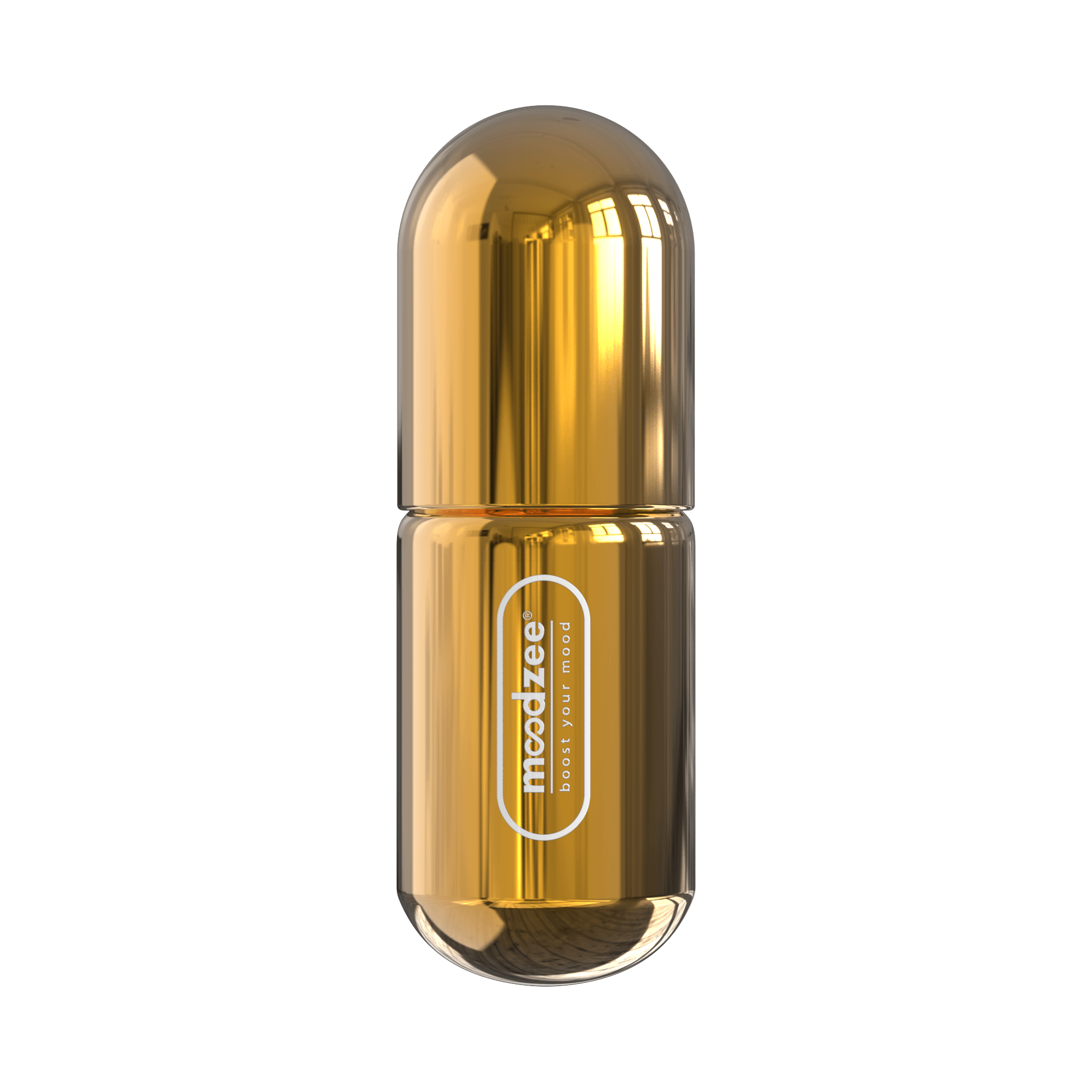 Reach Moodzee roller ball, logo side view, gold pill bottle